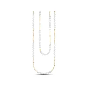 14k Gold Pearl Necklace with Textured Links