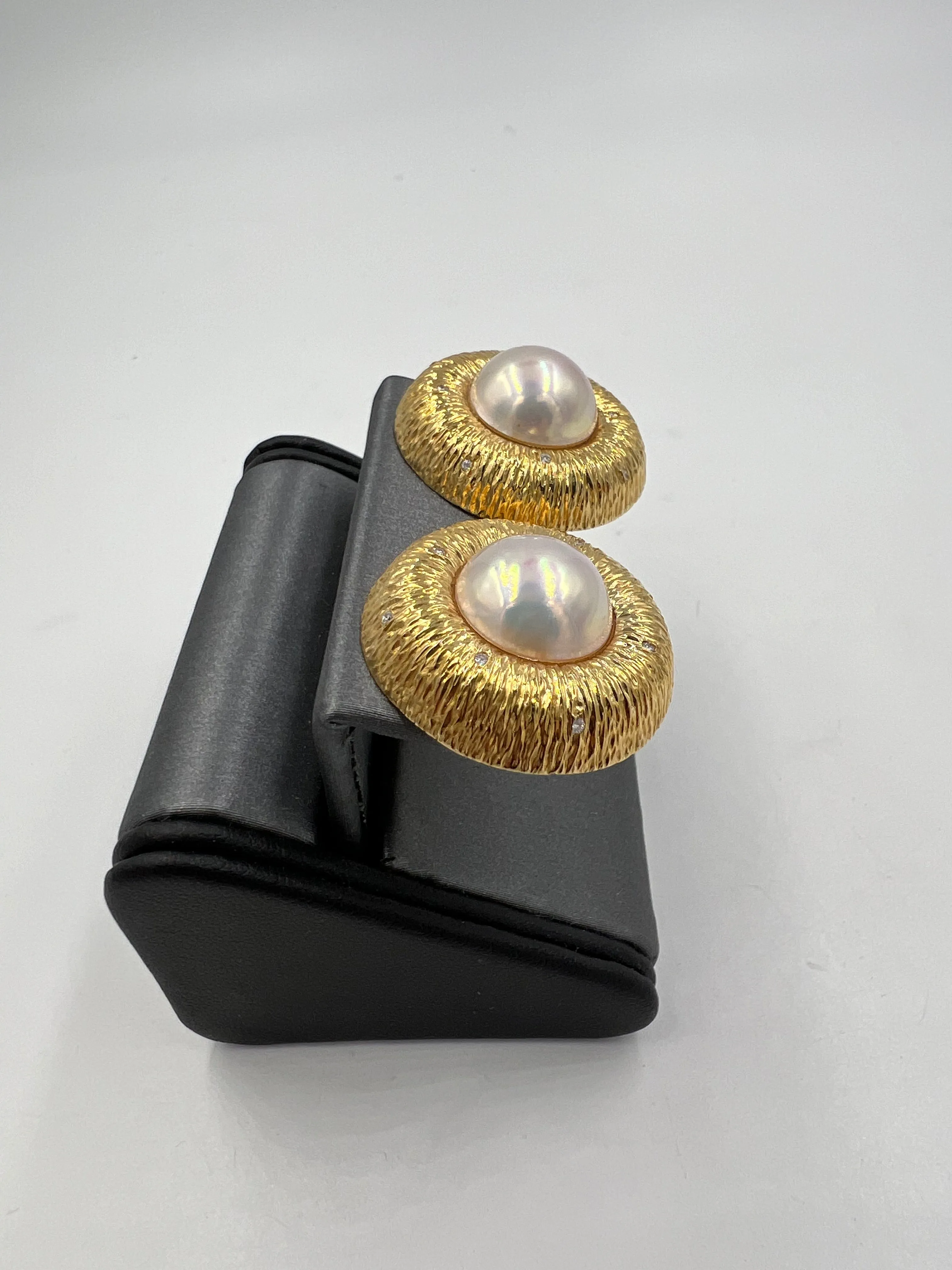 1990s Mabe Pearl Diamond 18k Yellow Gold Earrings