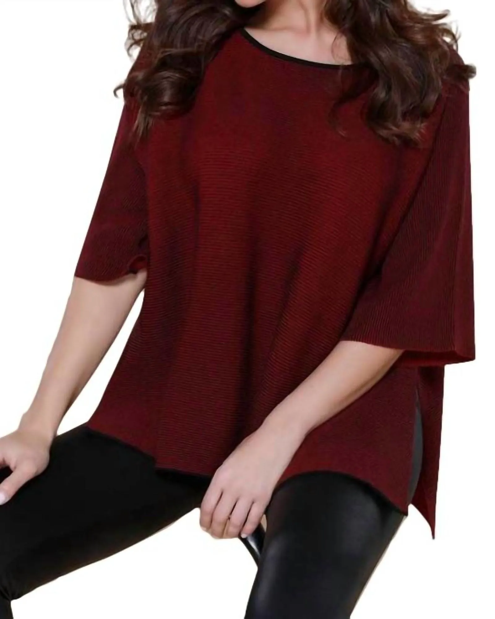 2-Tone High Slit Sweater Poncho in Wine | Wine