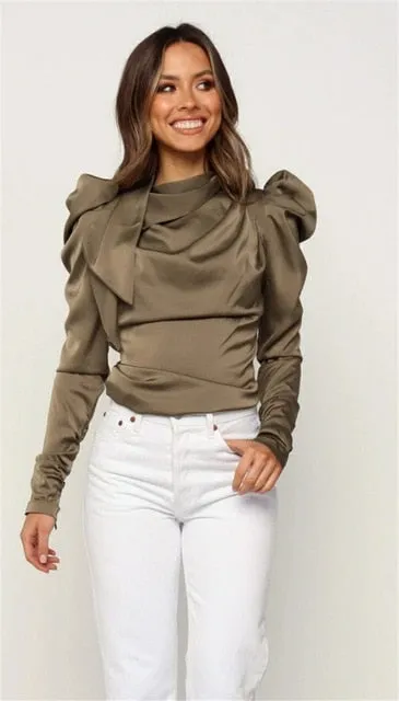 2021 Women's Satin Bow Neck Long Sleeve Blouse Sizes S - XL