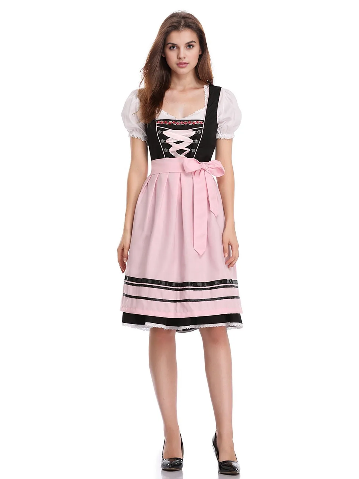 2PCS Pink 1950s Oktoberfest Puff Sleeves Embroidered Dress