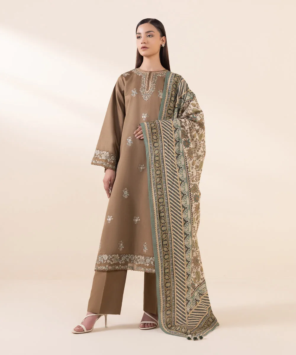 3 Piece - Embroidered Cotton Satin Suit