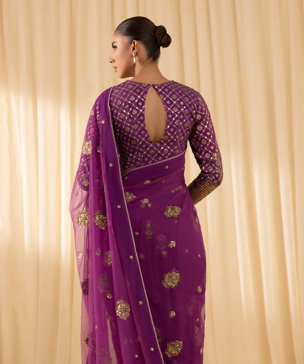 3 Piece -  Embroidered Net Saree