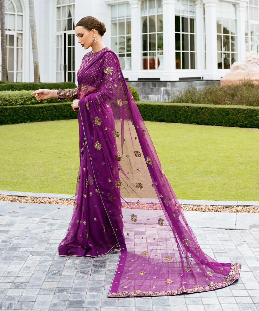 3 Piece -  Embroidered Net Saree