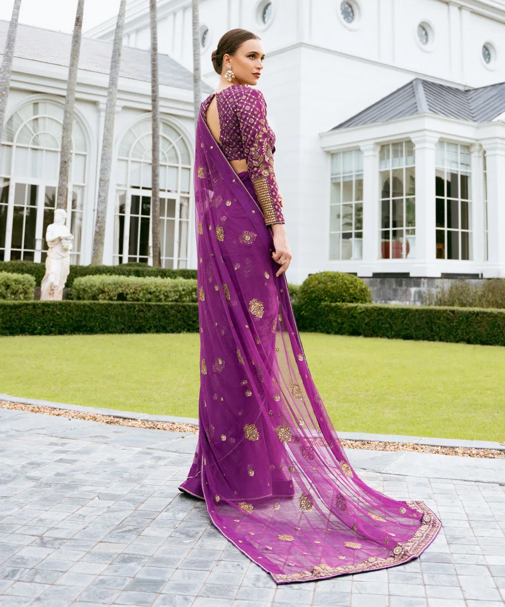 3 Piece -  Embroidered Net Saree