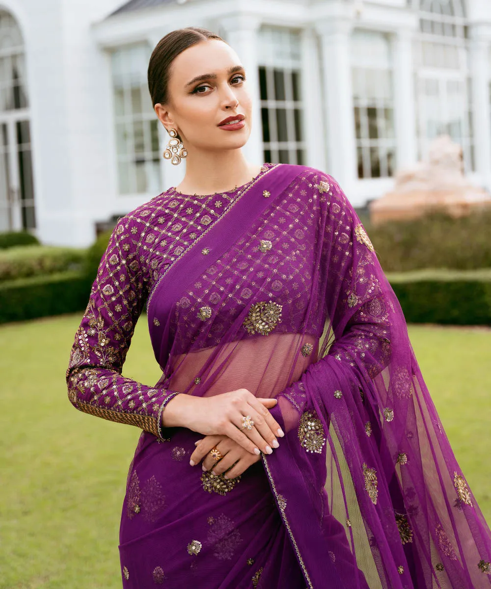 3 Piece -  Embroidered Net Saree