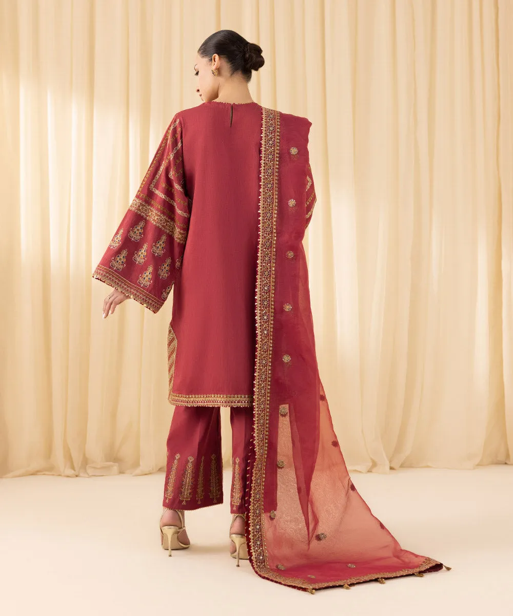 3 Piece -  Embroidered Raw Silk Suit