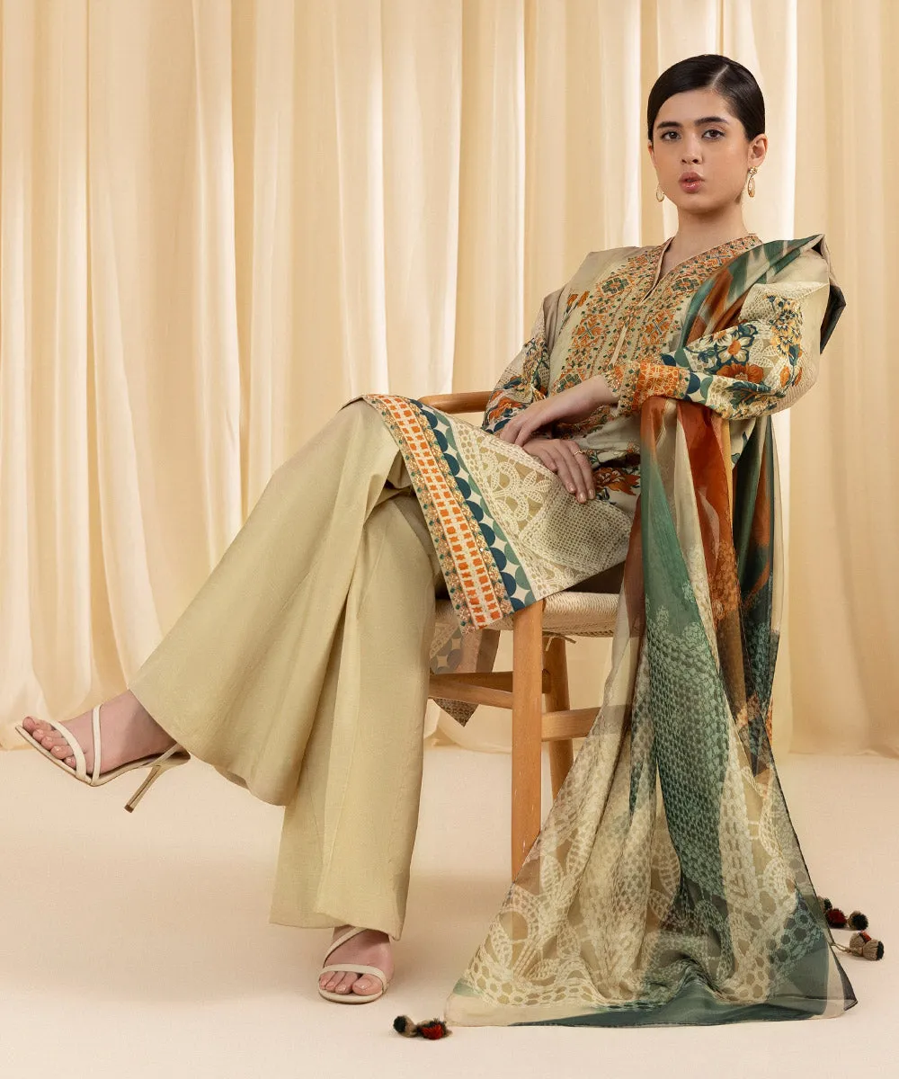 3 Piece -  Embroidered Silk Suit