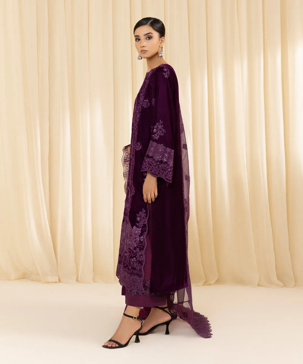 3 Piece -  Embroidered Velvet Suit