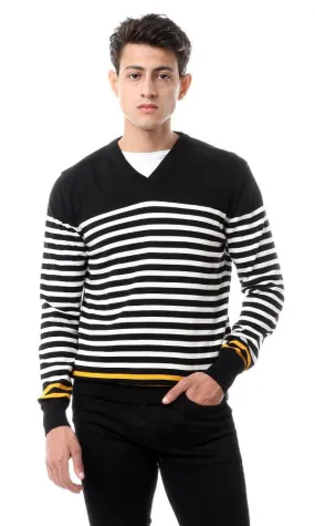 93841 Casual Striped Pullover With Hem Sleeves - Black