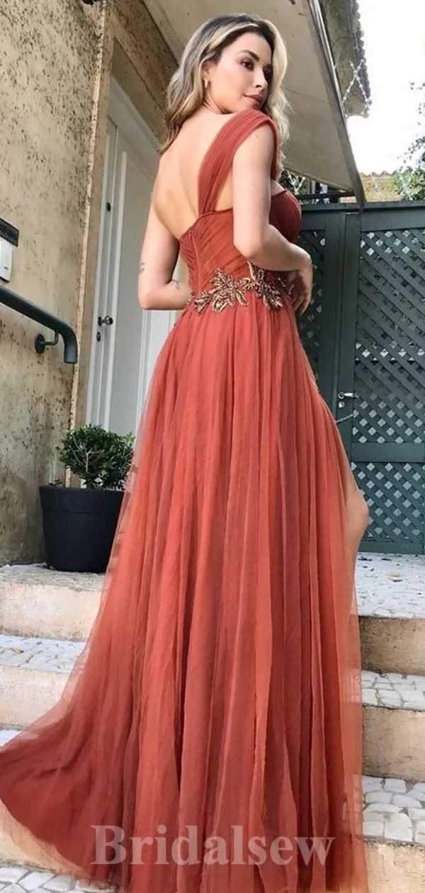 A-line Burnt Orange Tulle Mismatched Modest Formal Long Women Evening Prom Dresses PD899