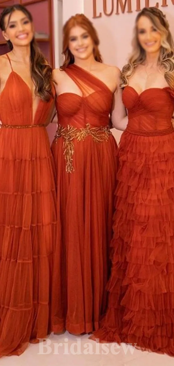 A-line Burnt Orange Tulle Mismatched Modest Formal Long Women Evening Prom Dresses PD899