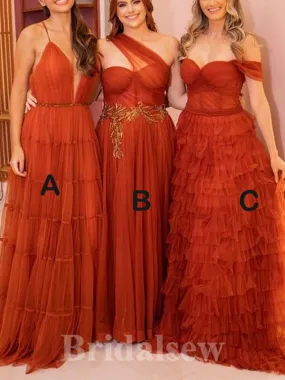 A-line Burnt Orange Tulle Mismatched Modest Formal Long Women Evening Prom Dresses PD899