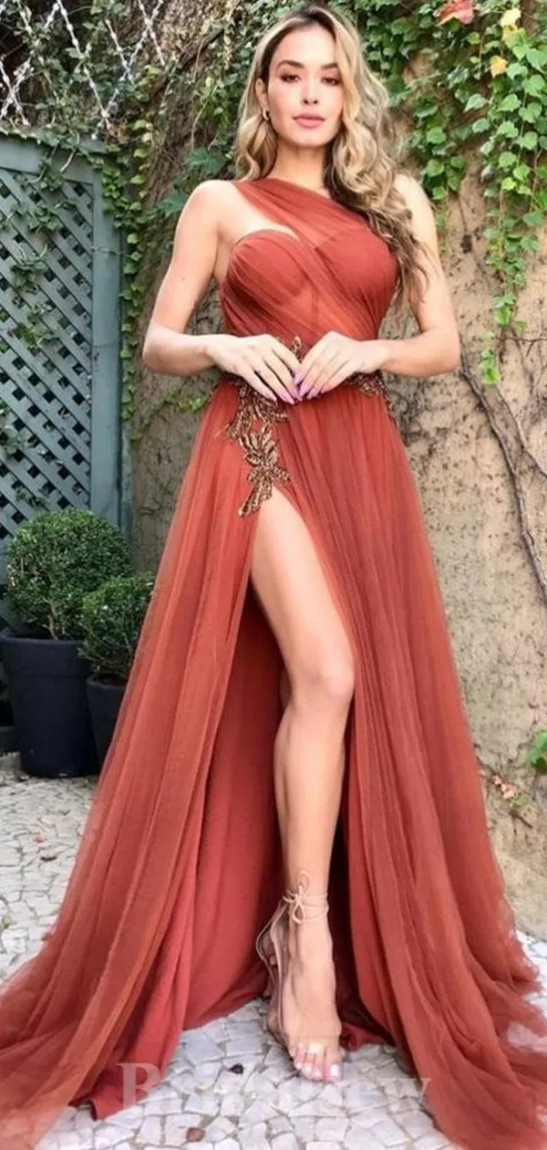 A-line Burnt Orange Tulle Mismatched Modest Formal Long Women Evening Prom Dresses PD899