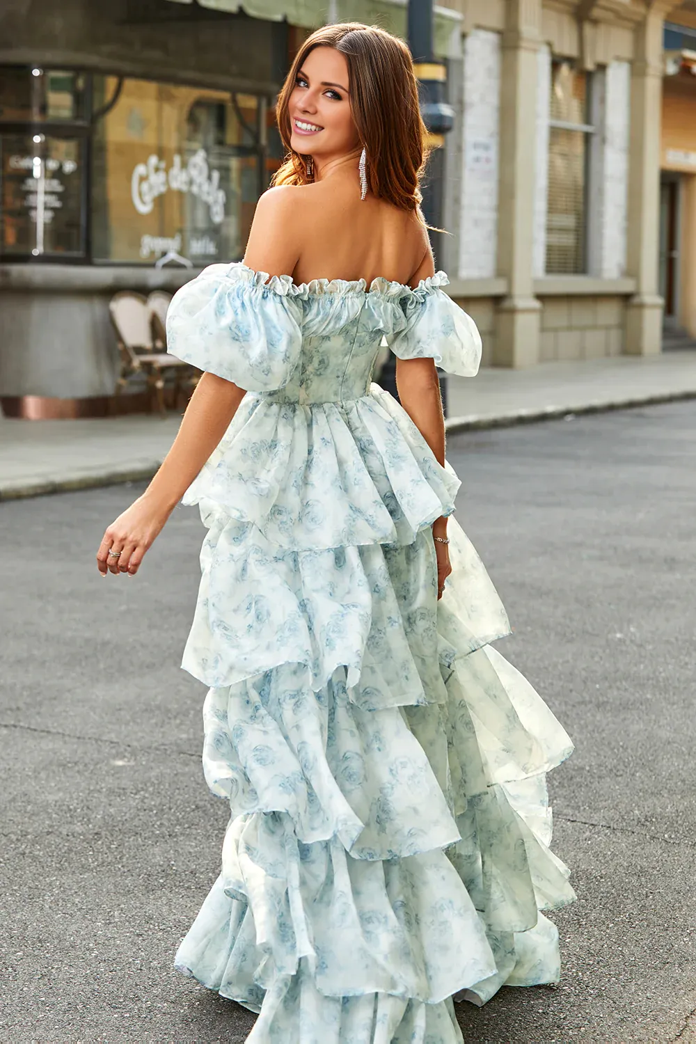 A Line Square Neck Light Blue Tiered Floral Long Prom Dress with Ruffles