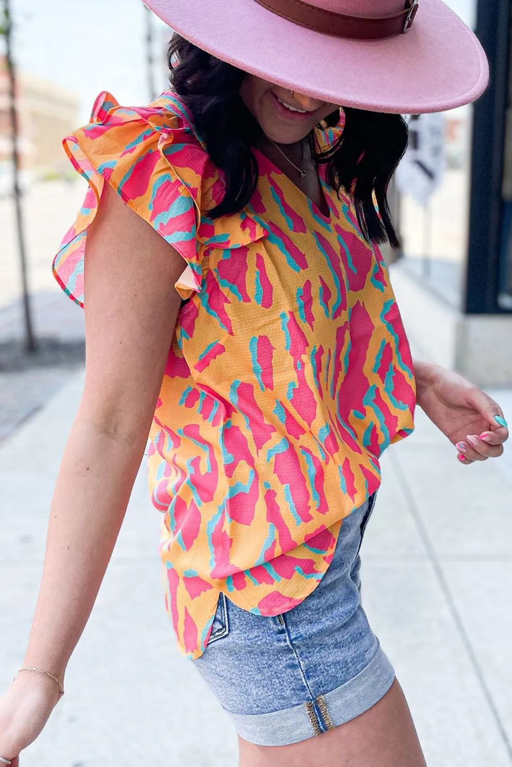 Abstract Print V Neck Ruffled Sleeve Blouse