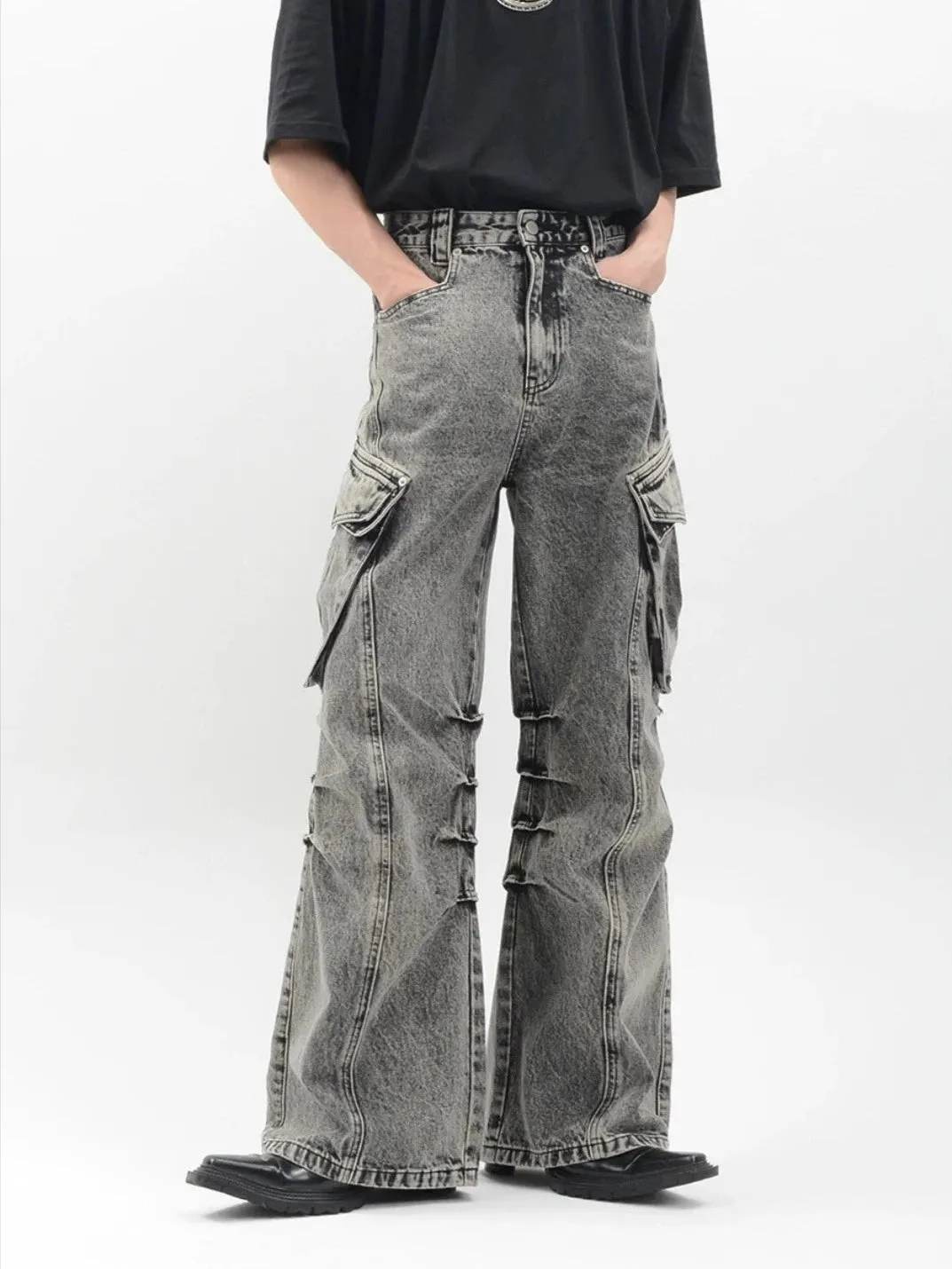 Acid Wash Cargo Pocket Wide-Leg Jeans