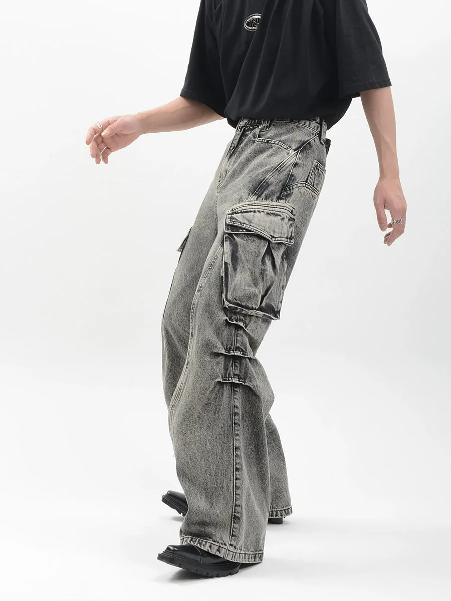 Acid Wash Cargo Pocket Wide-Leg Jeans