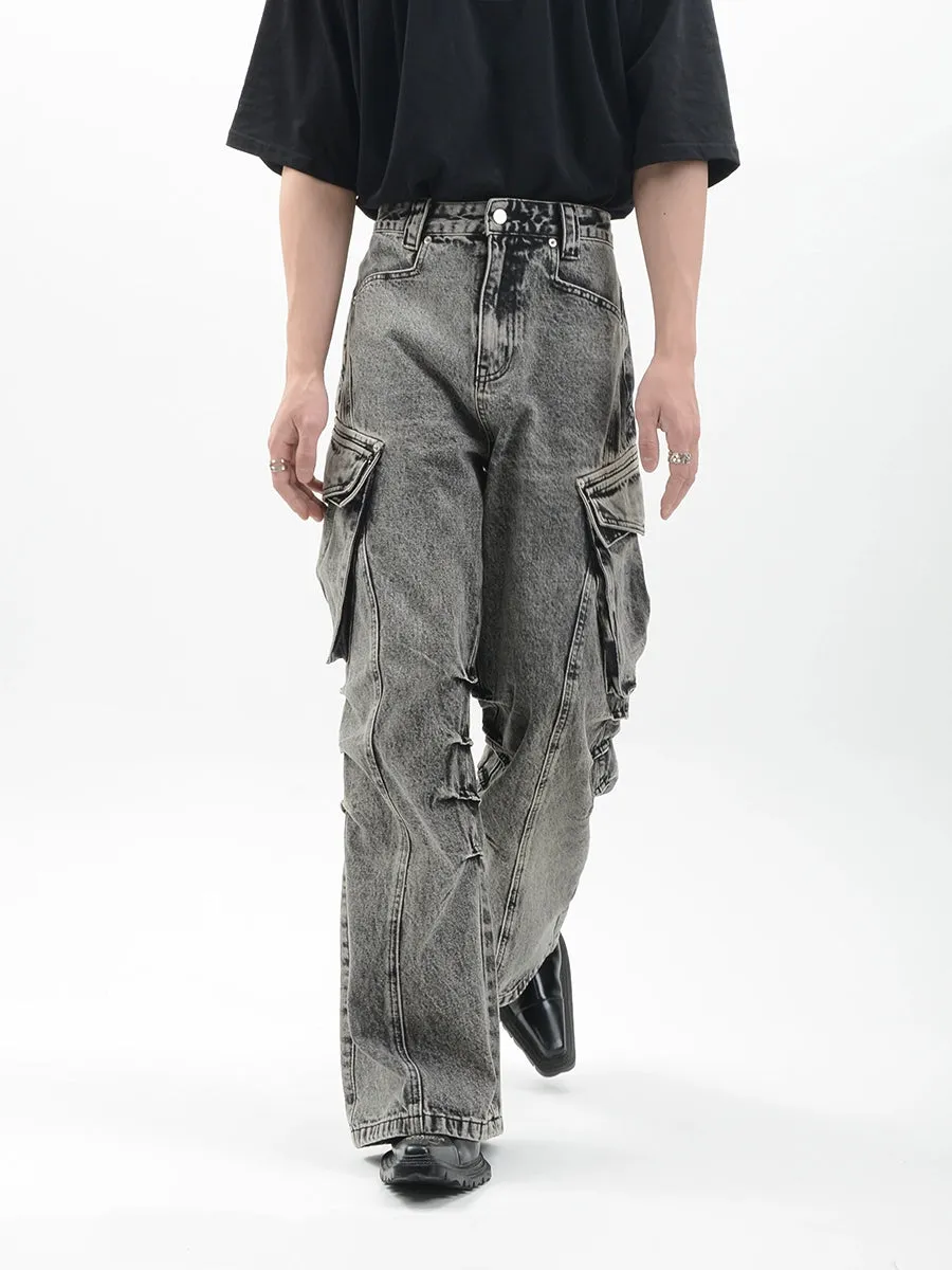 Acid Wash Cargo Pocket Wide-Leg Jeans