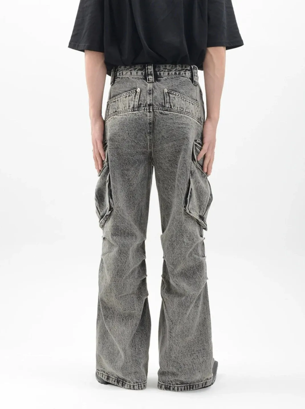 Acid Wash Cargo Pocket Wide-Leg Jeans