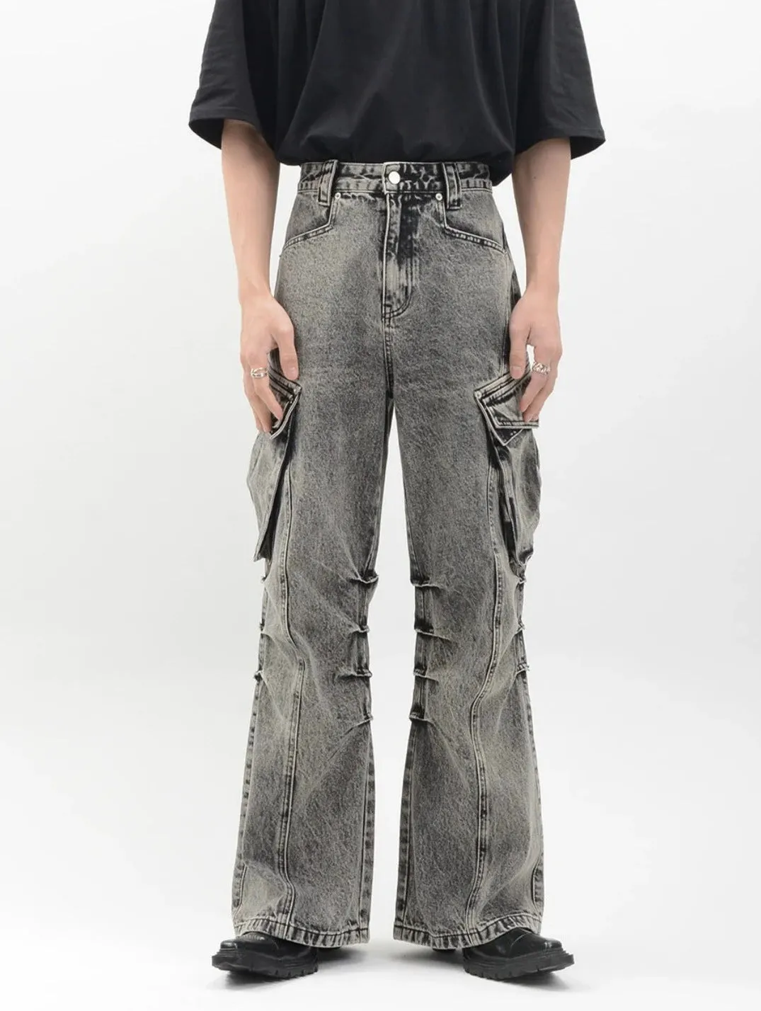 Acid Wash Cargo Pocket Wide-Leg Jeans