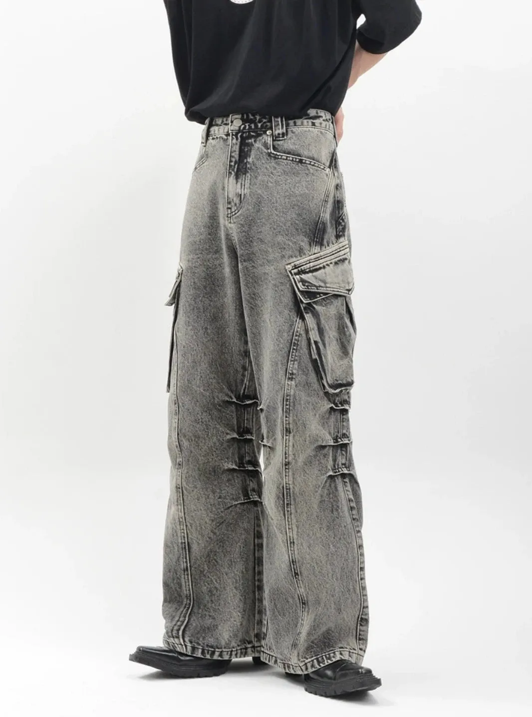 Acid Wash Cargo Pocket Wide-Leg Jeans