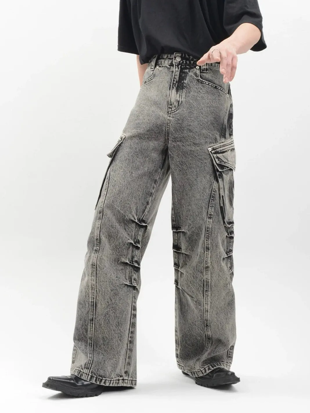 Acid Wash Cargo Pocket Wide-Leg Jeans