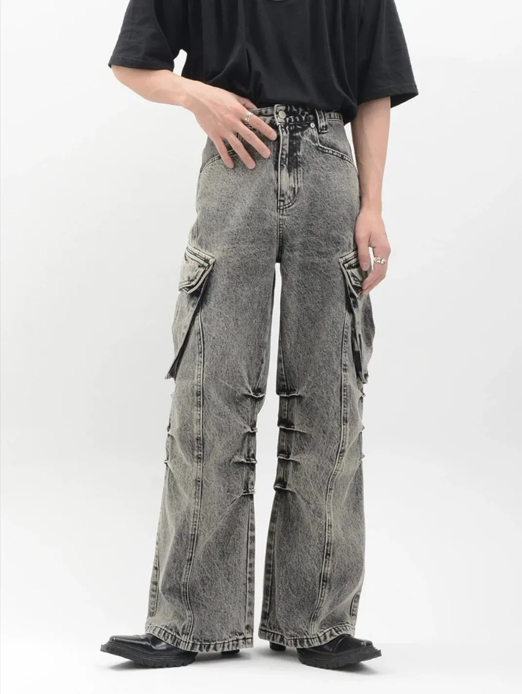 Acid Wash Cargo Pocket Wide-Leg Jeans