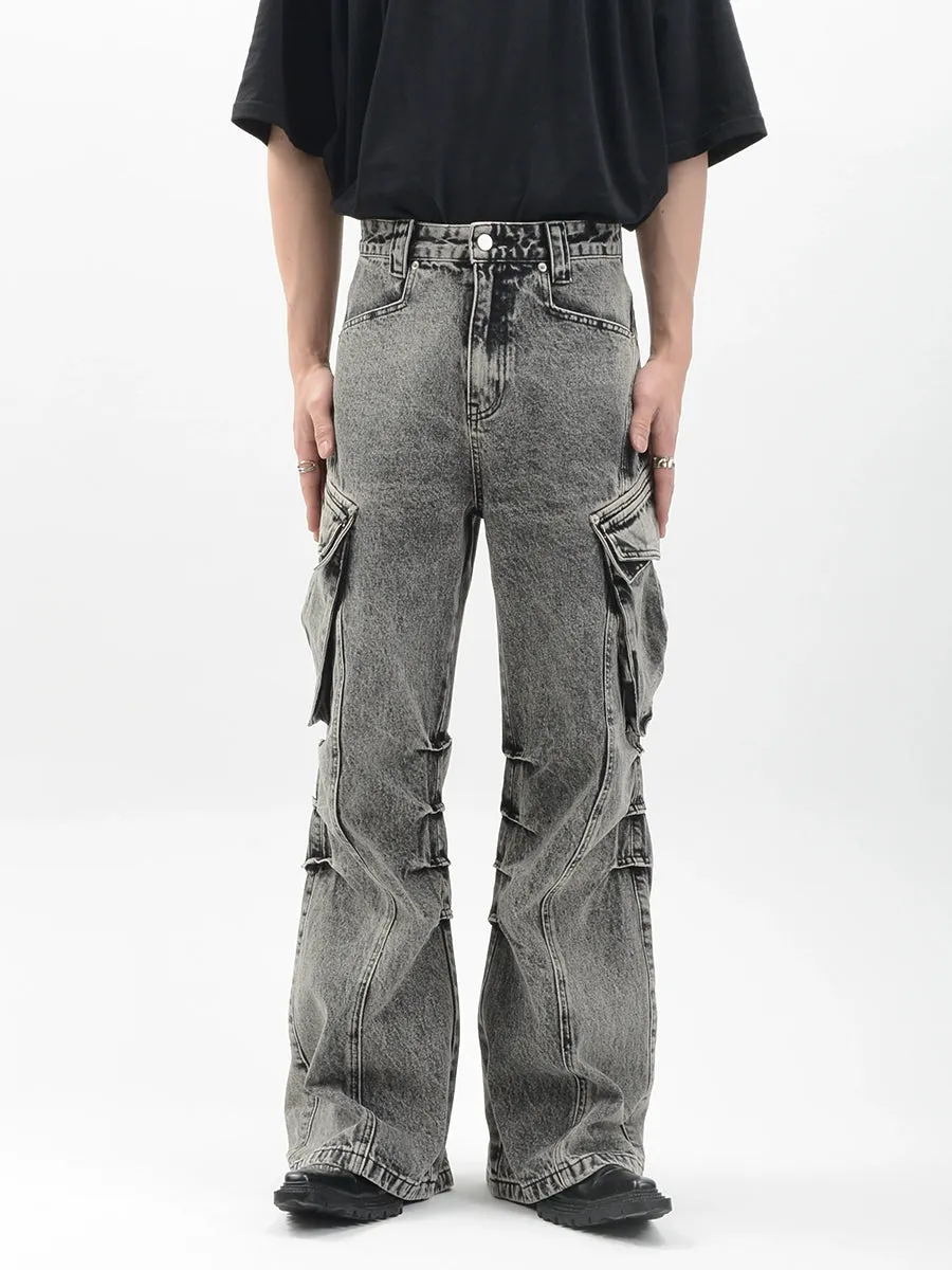 Acid Wash Cargo Pocket Wide-Leg Jeans