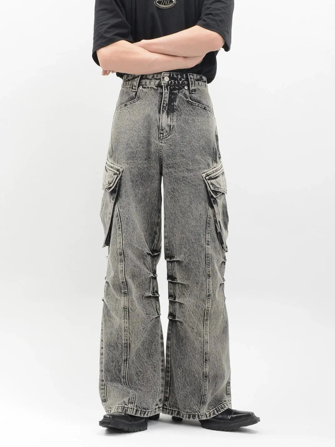 Acid Wash Cargo Pocket Wide-Leg Jeans