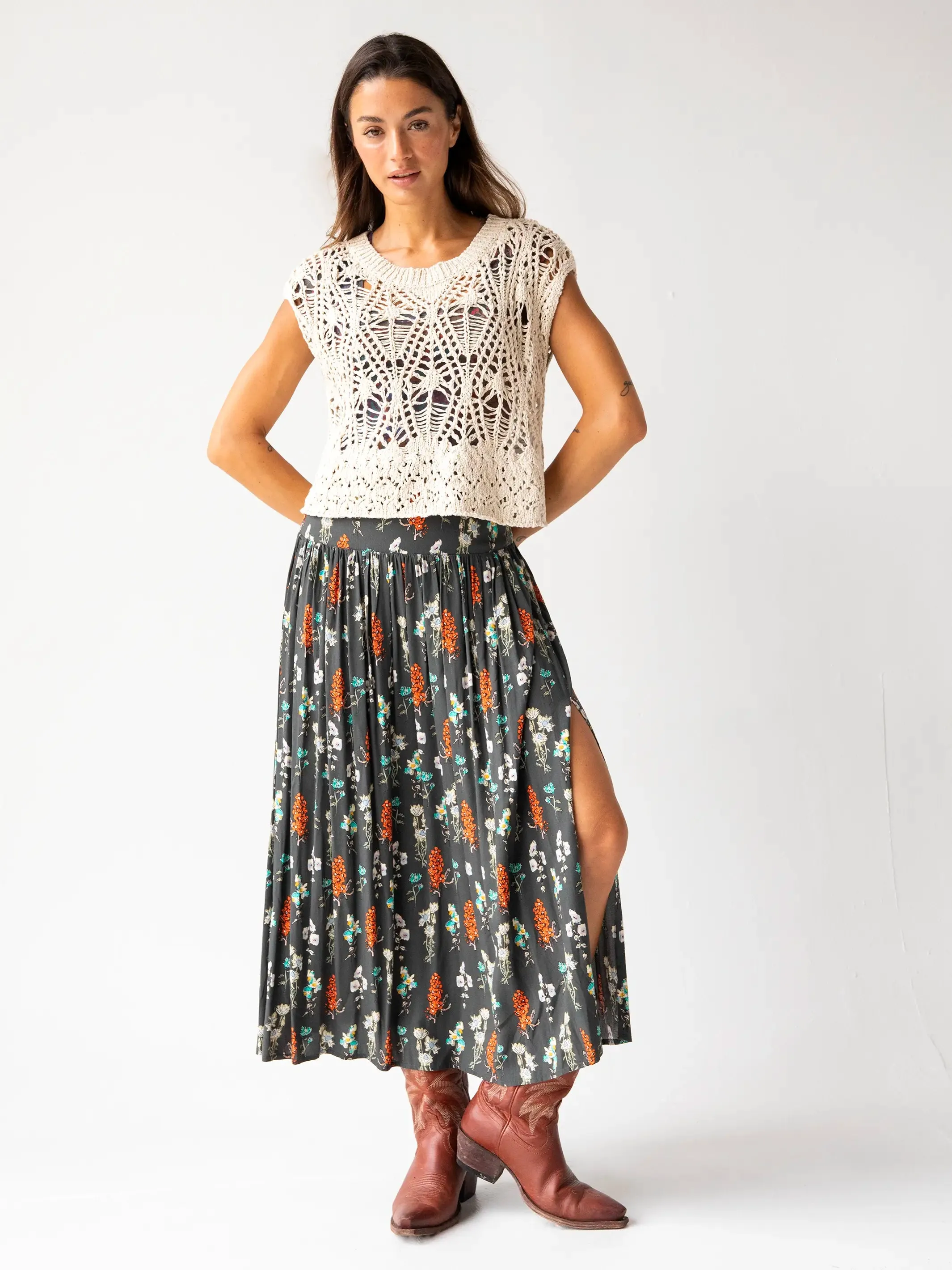 Addie Midi Skirt - Charcoal Bouquet