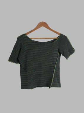 A.F. Vandevorst green cotton stripe overlock detail wide neck t-shirt  - XS S