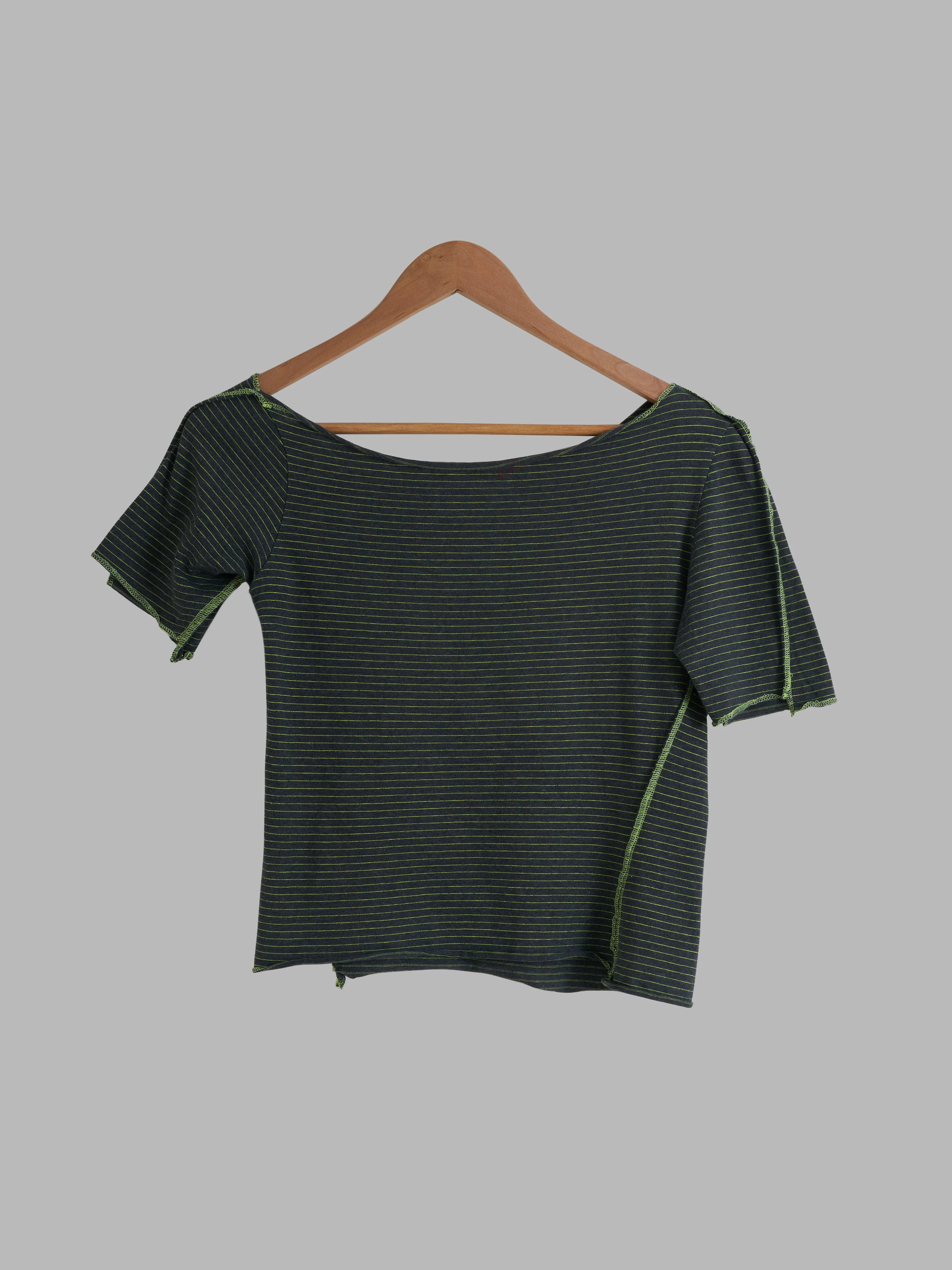 A.F. Vandevorst green cotton stripe overlock detail wide neck t-shirt  - XS S