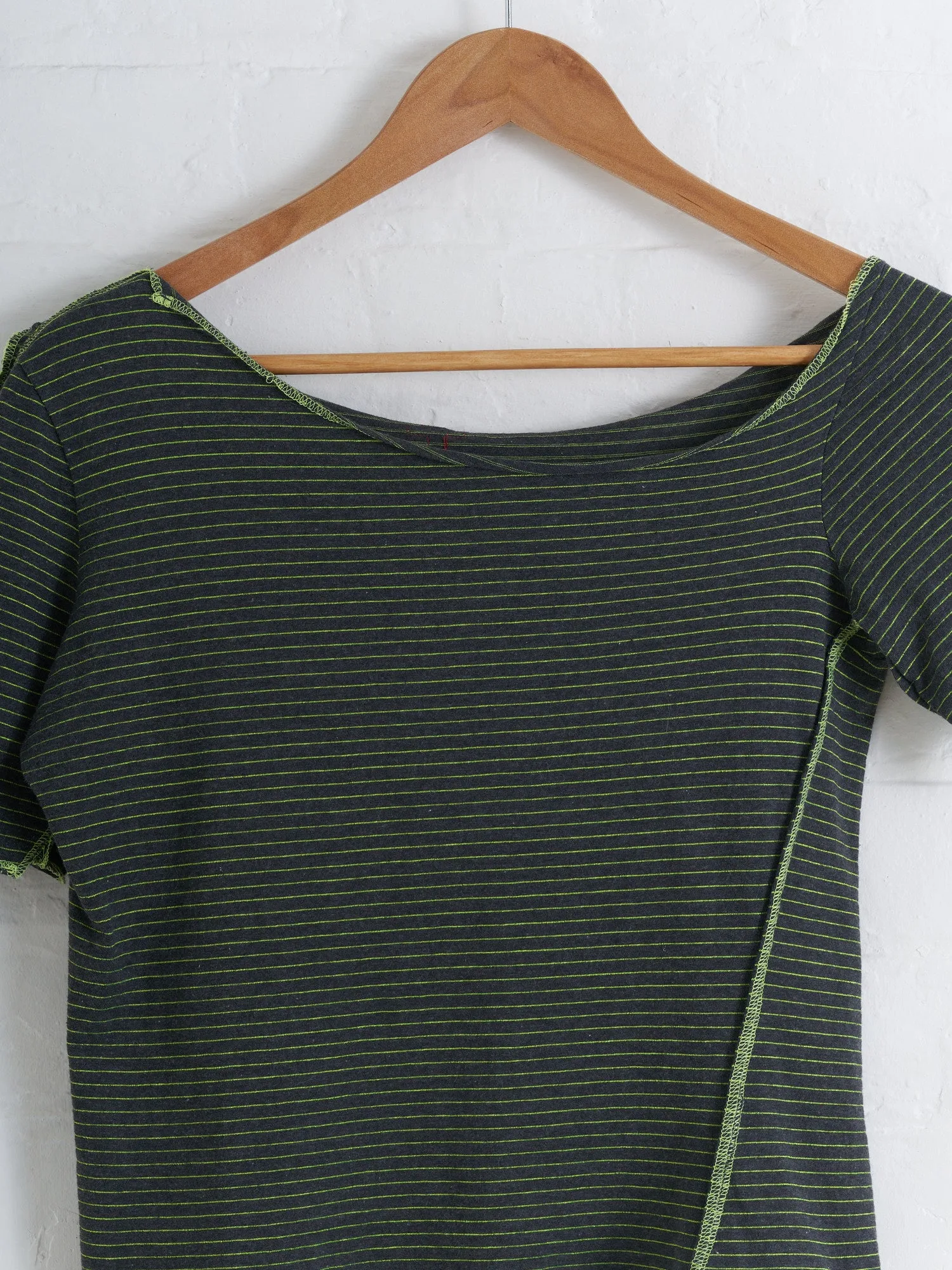 A.F. Vandevorst green cotton stripe overlock detail wide neck t-shirt  - XS S