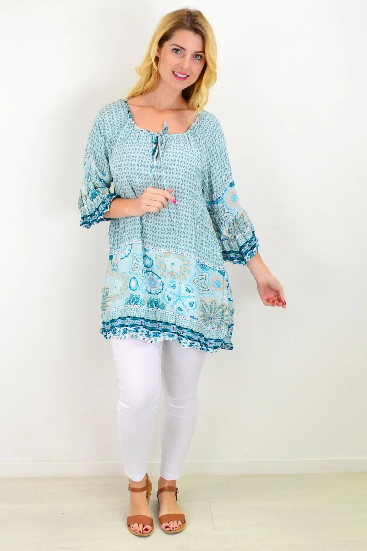 Aqua Star Fish Crinkle Tunic Top