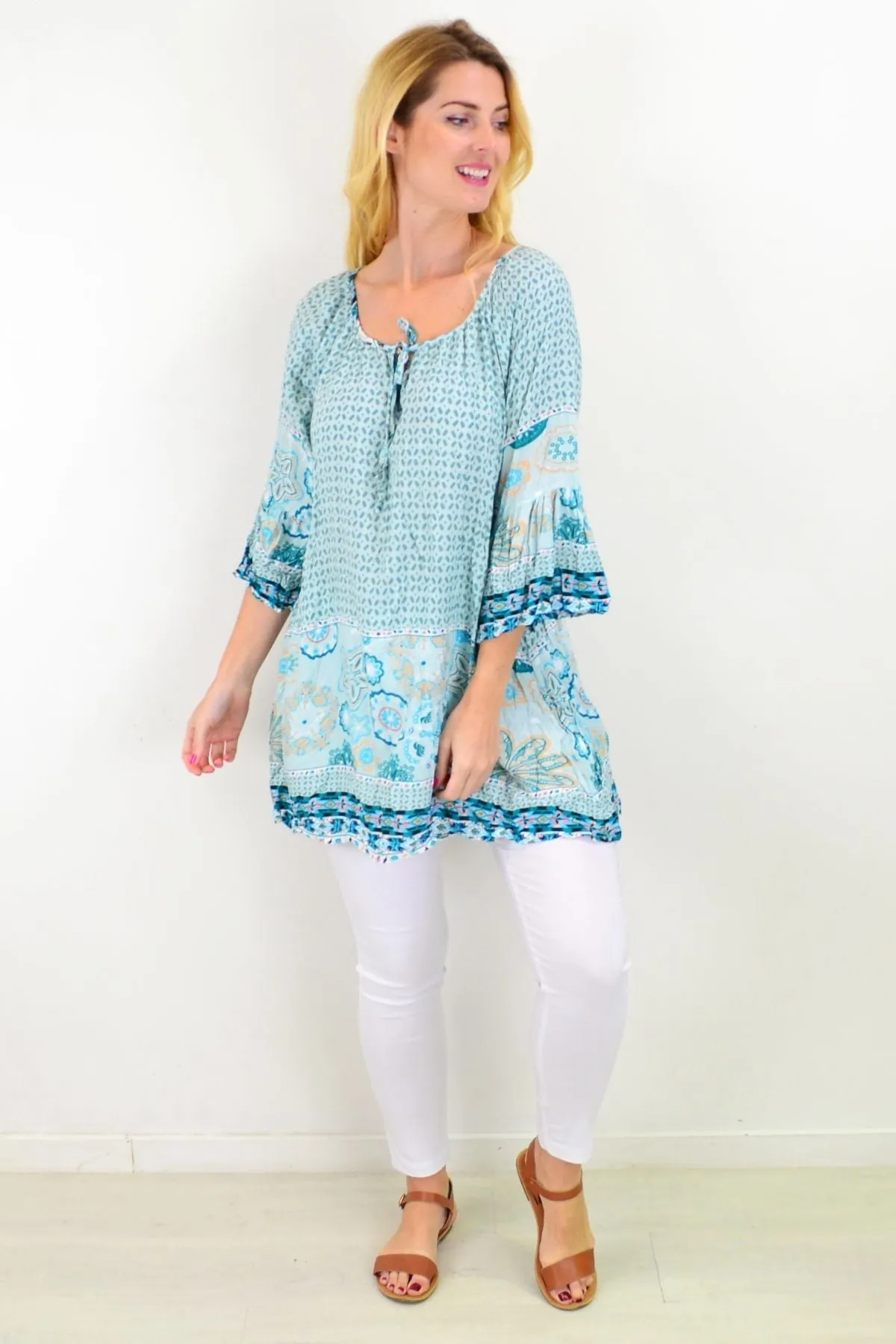 Aqua Star Fish Crinkle Tunic Top