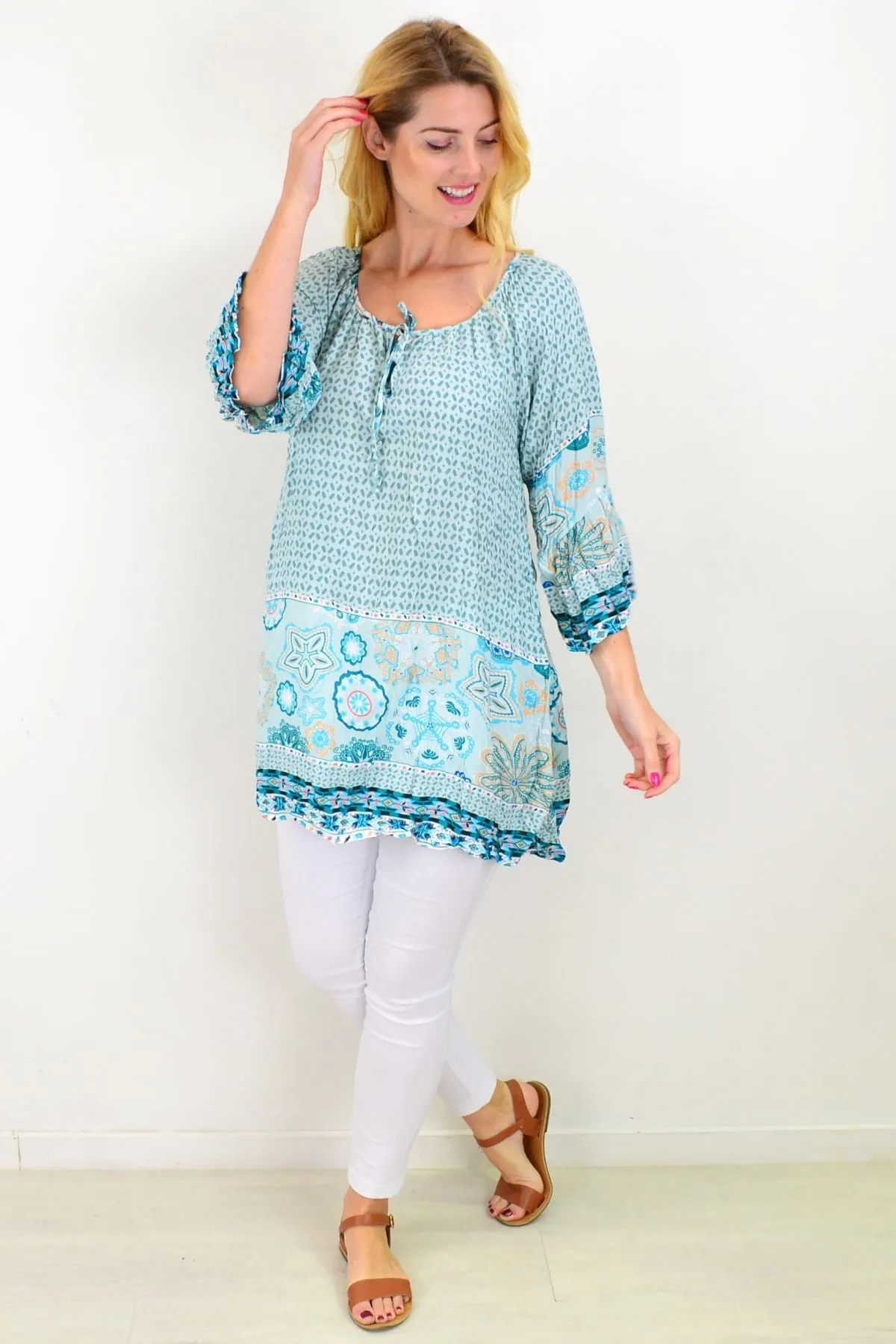 Aqua Star Fish Crinkle Tunic Top