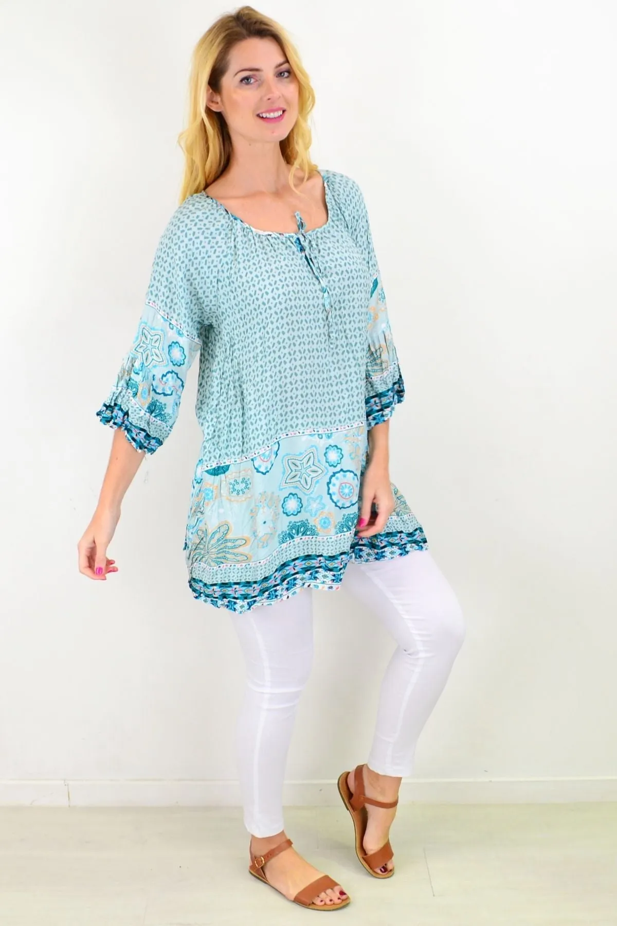 Aqua Star Fish Crinkle Tunic Top