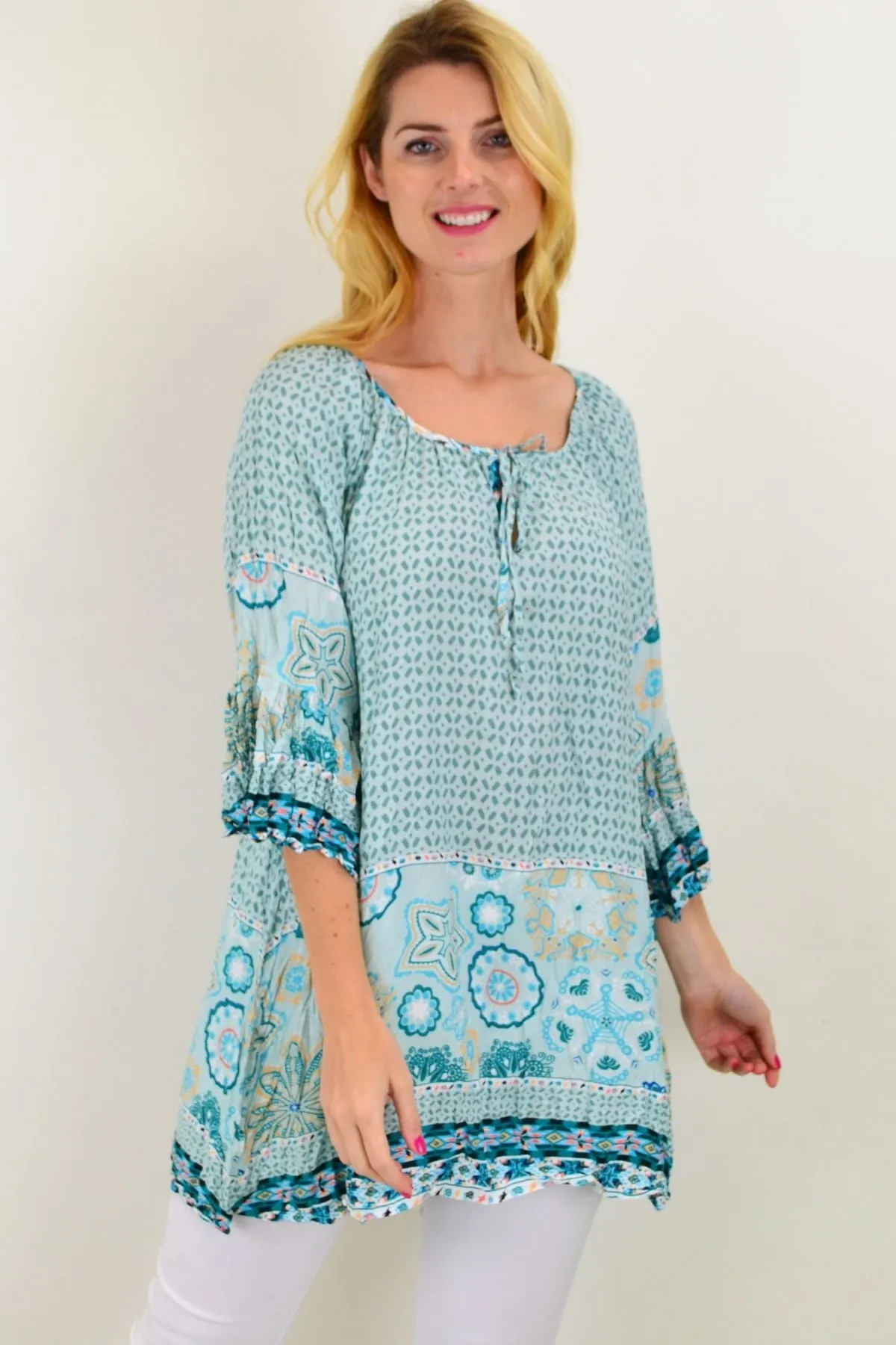 Aqua Star Fish Crinkle Tunic Top