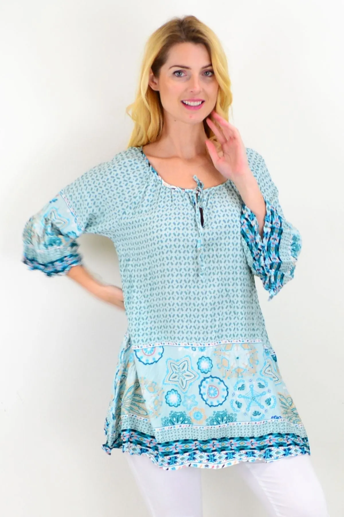 Aqua Star Fish Crinkle Tunic Top