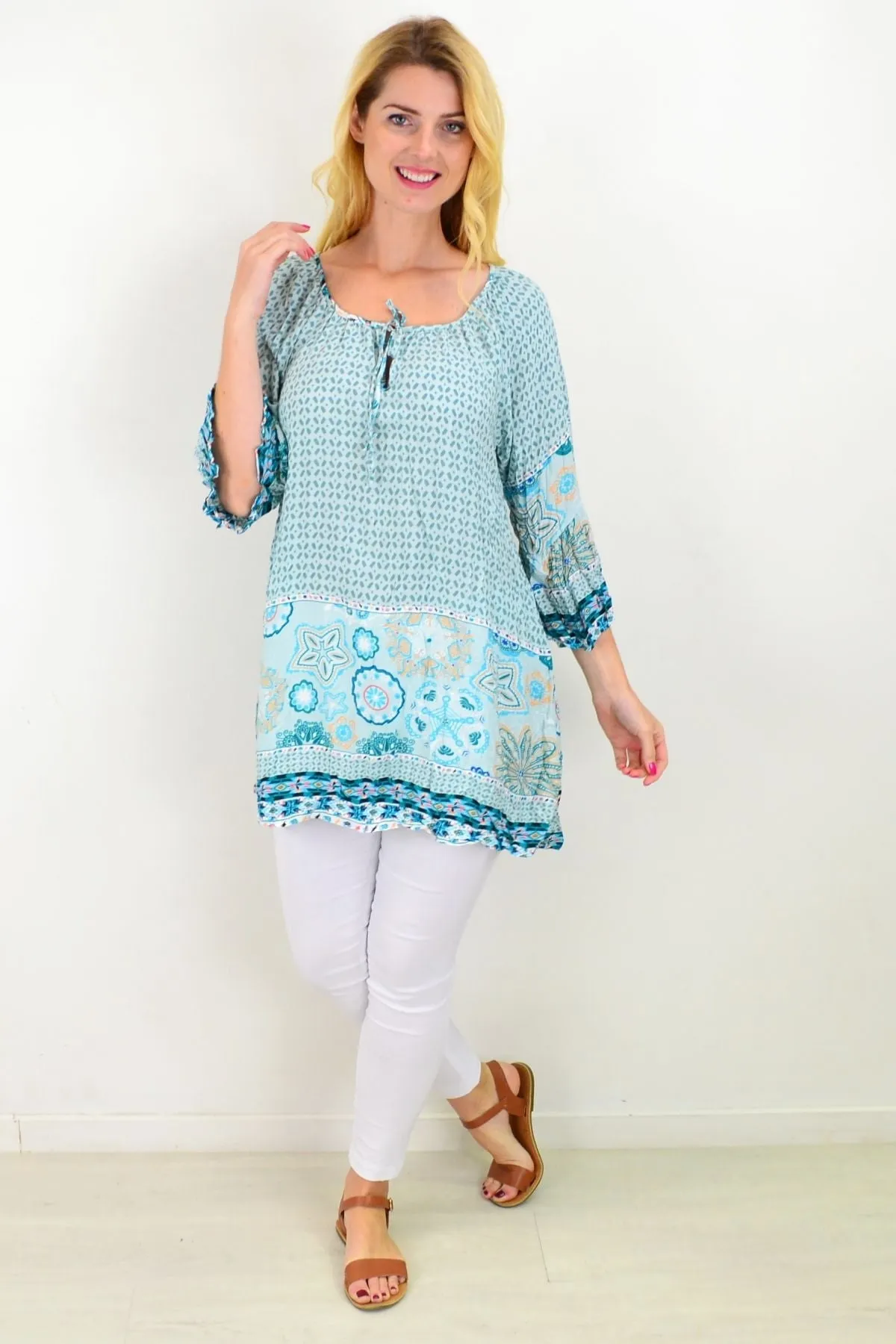 Aqua Star Fish Crinkle Tunic Top