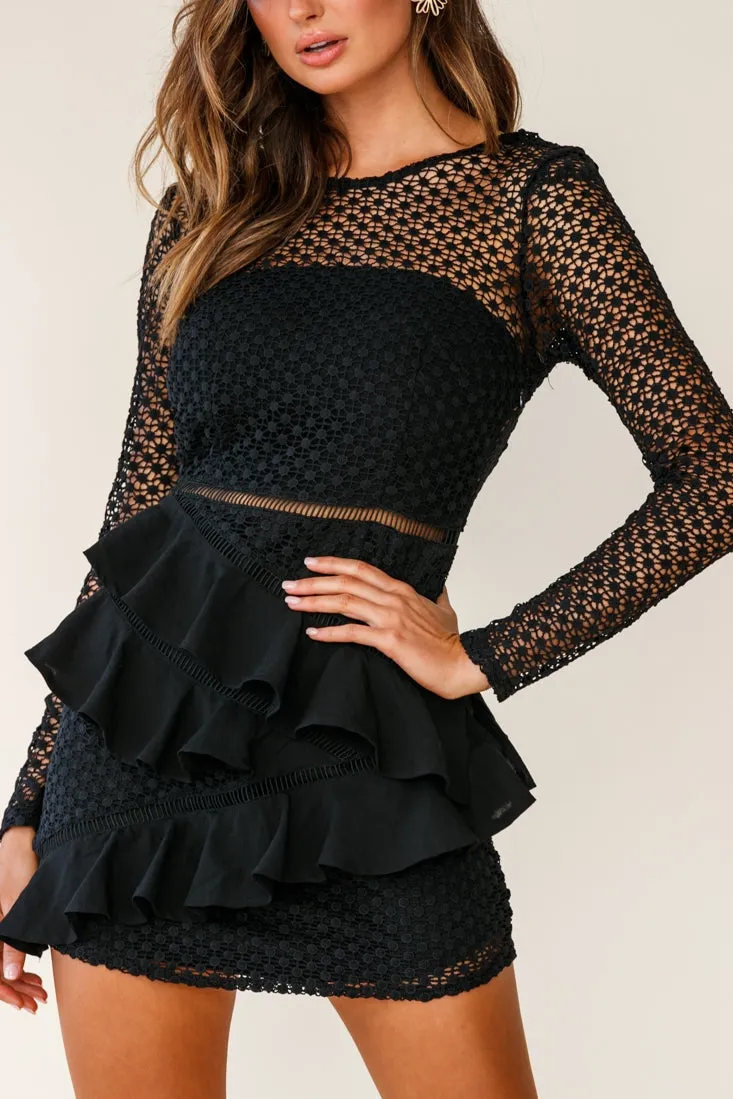 Aramis Long Sleeve Lace & Ruffle Detail Dress Black