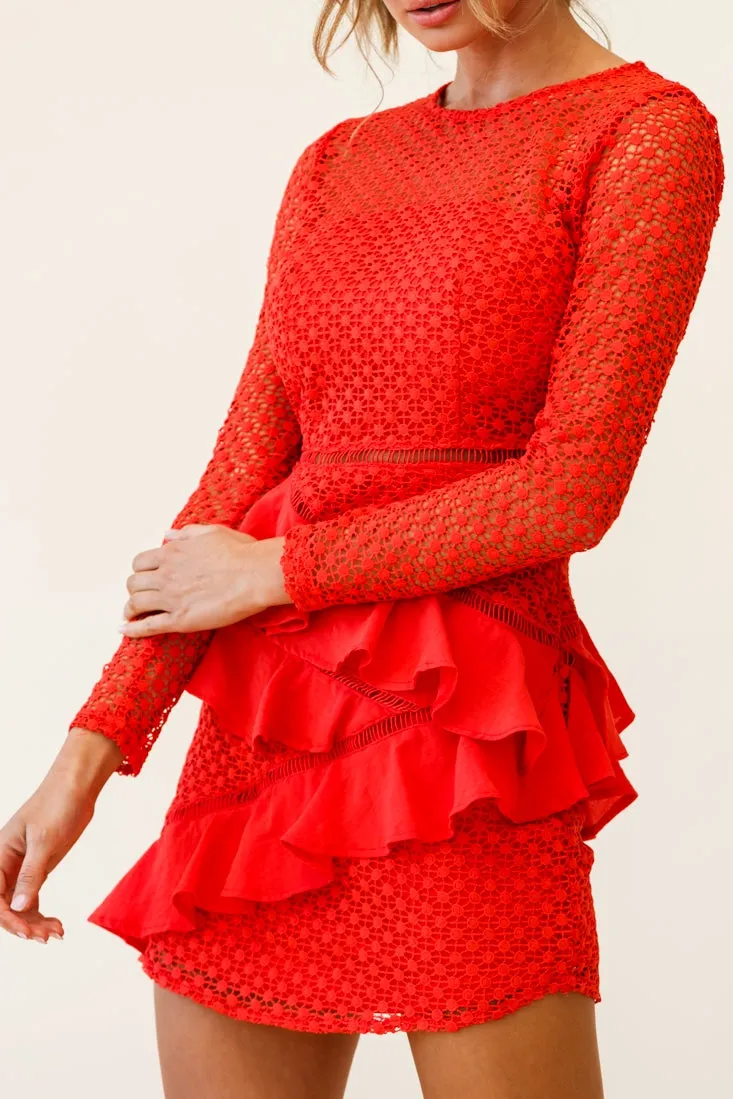 Aramis Long Sleeve Lace & Ruffle Detail Dress Red