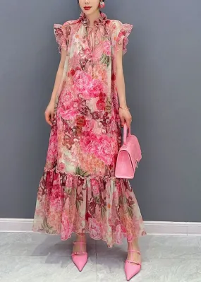 Art Pink Ruffled Print Patchwork Chiffon Two Piece Set Dresses Summer