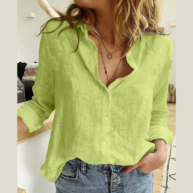 Autumn Fashion Big Size Cotton Linen Casual Long Sleeve Turn-down Collar Button Up Ladies Blouse