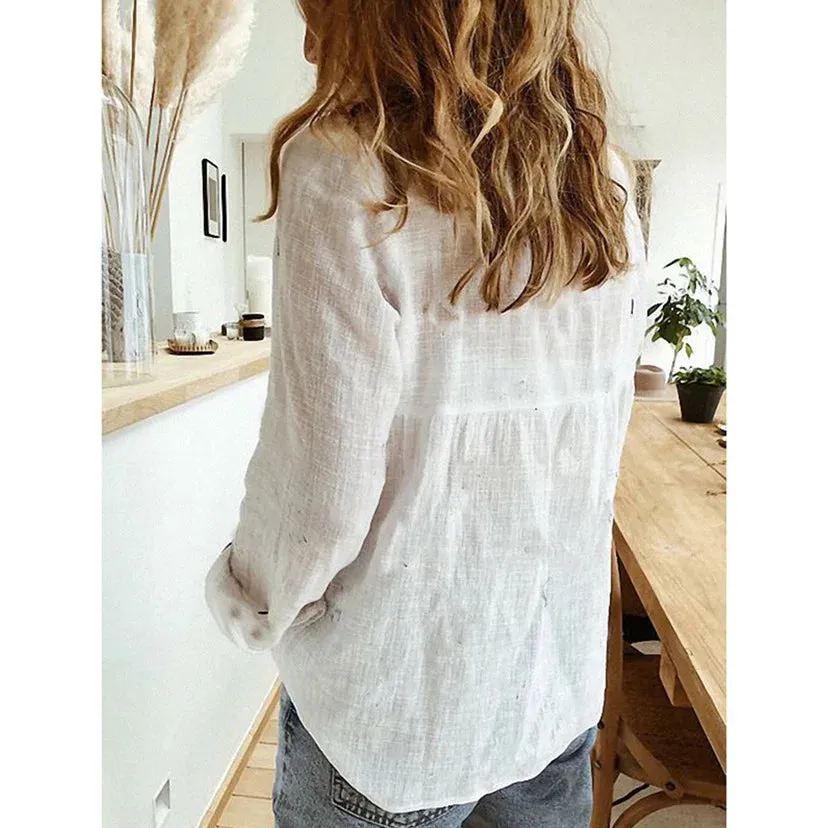 Autumn Fashion Big Size Cotton Linen Casual Long Sleeve Turn-down Collar Button Up Ladies Blouse