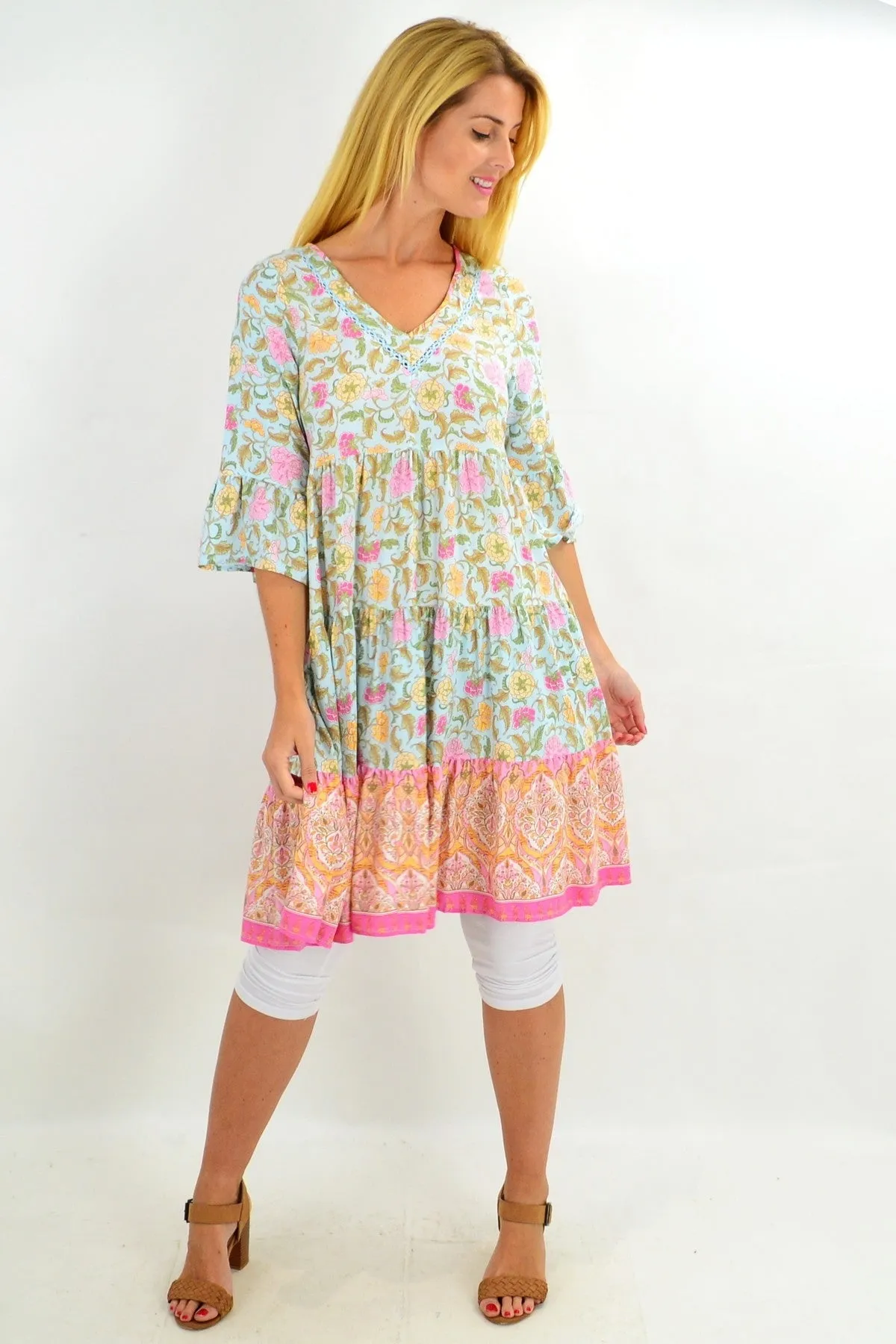 Baby Blue Leaf Tiered Tunic Dress