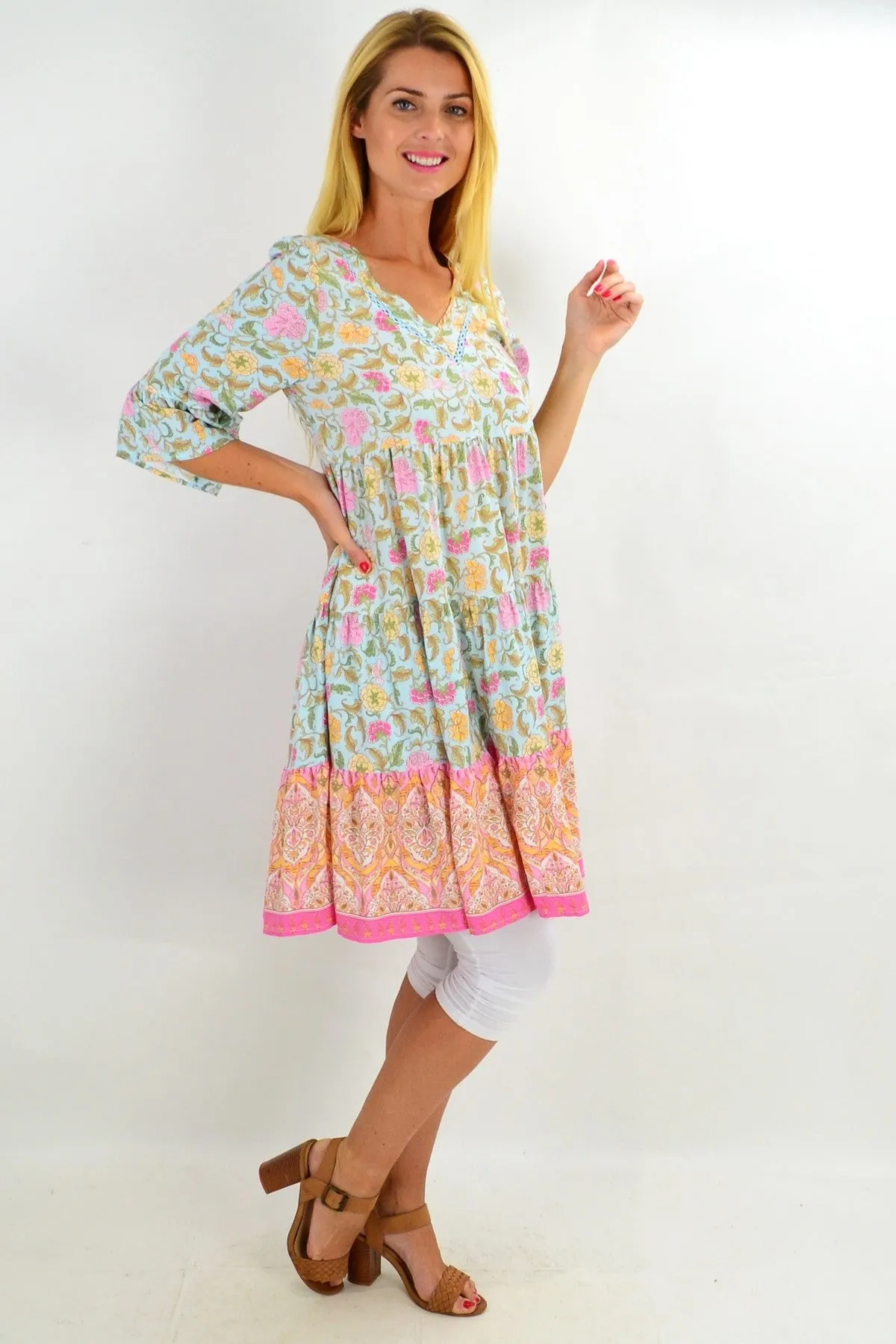 Baby Blue Leaf Tiered Tunic Dress