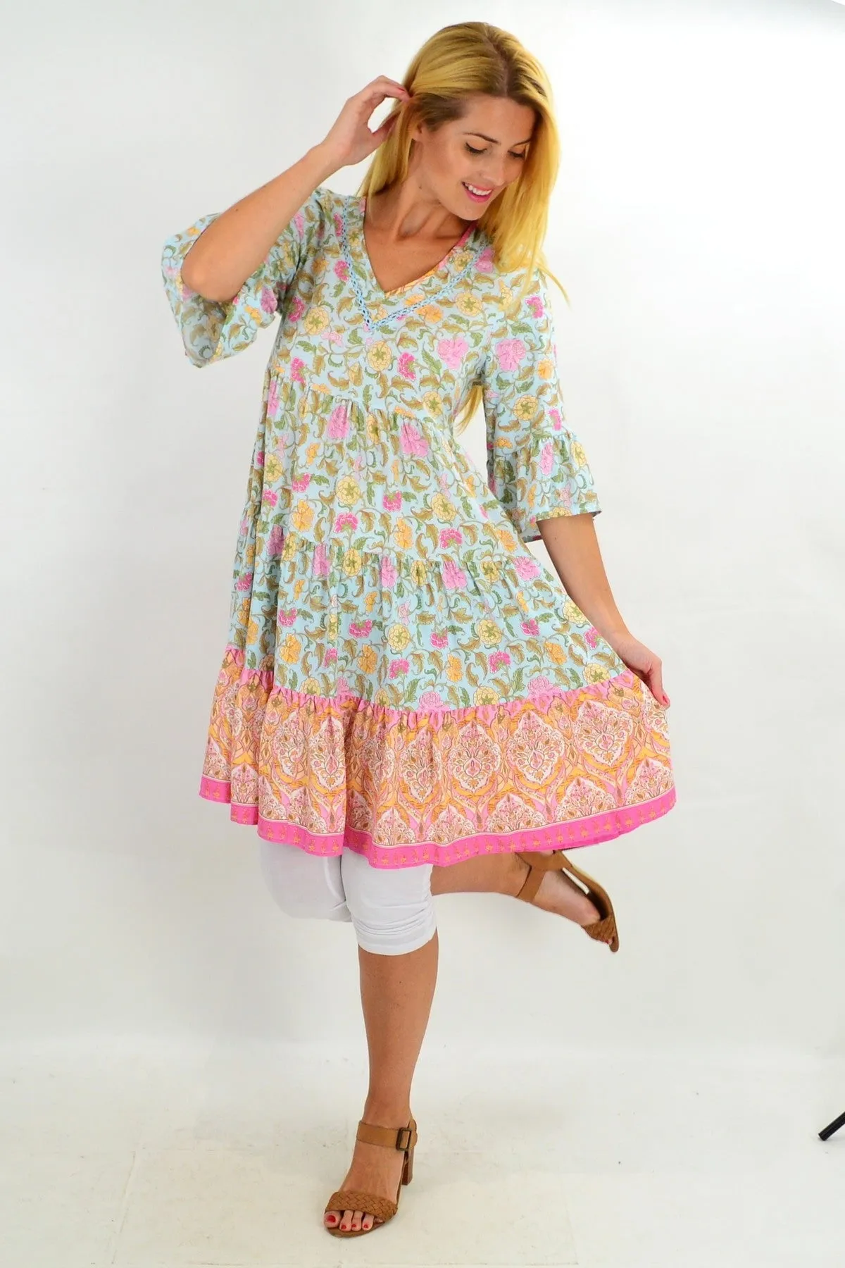 Baby Blue Leaf Tiered Tunic Dress