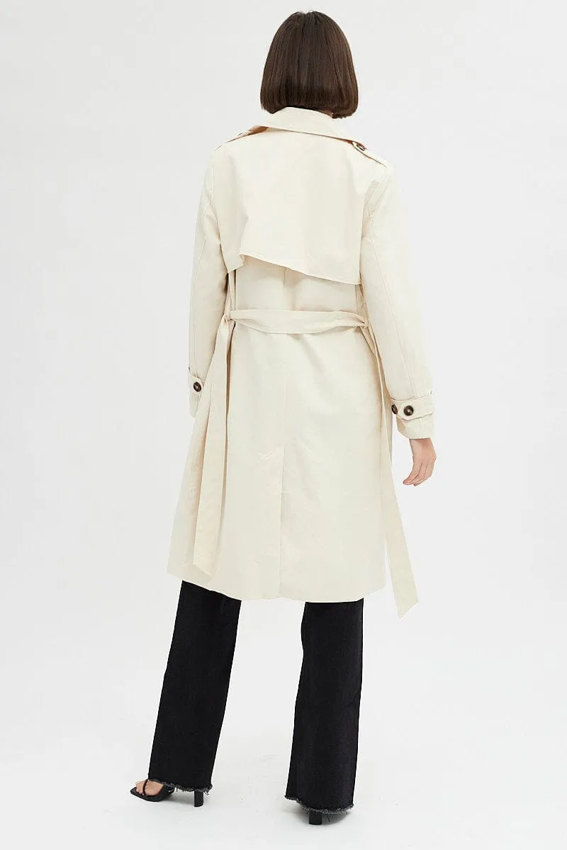 Beige Trench Coat Long Sleeves Cotton